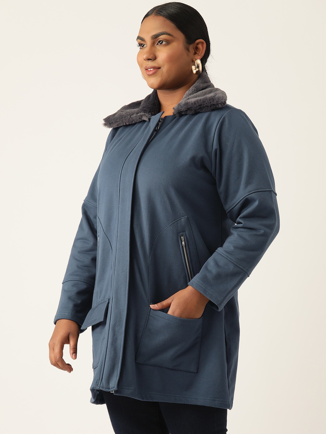 Women's Plus Size Teal Solid Color Winter Fleece Jacket