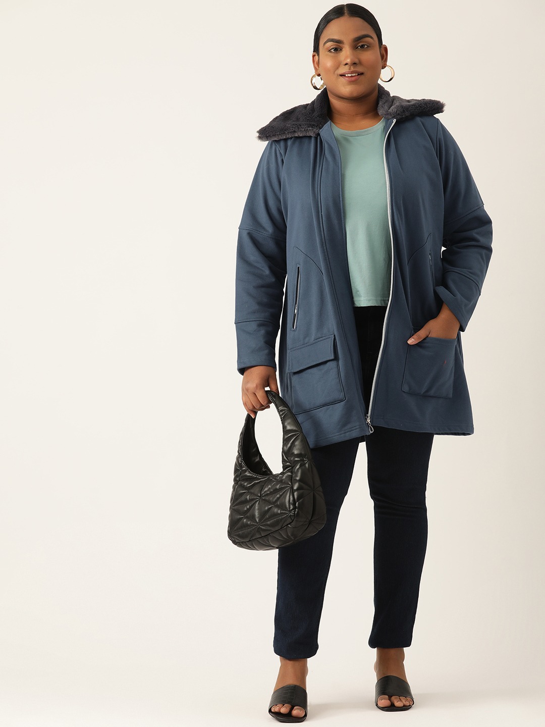 Women's Plus Size Teal Solid Color Winter Fleece Jacket