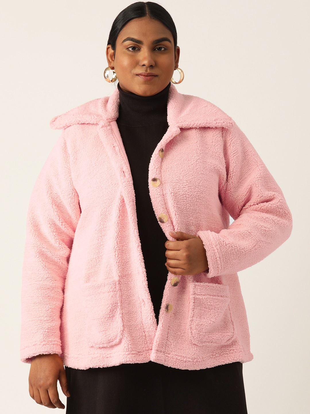 Women's Plus Size Pink Solid Color Teddy Winter Regular Jacket