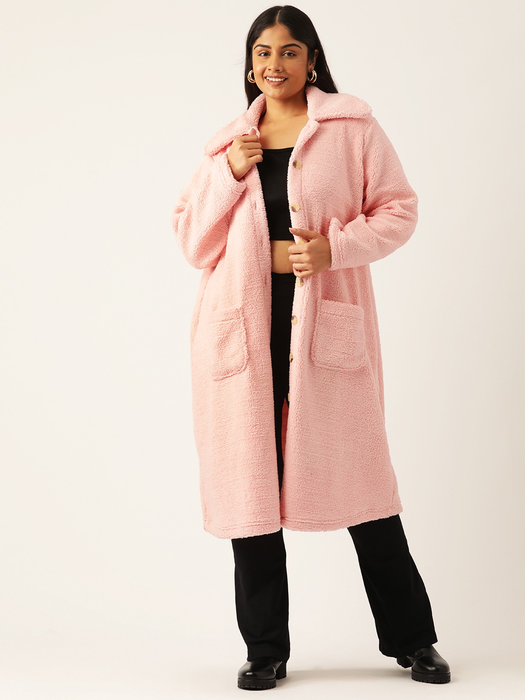 Women's Plus Size Camel Brown Solid Color Teddy Winter Longline Jacket