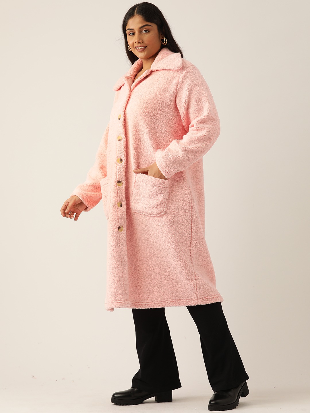 Women's Plus Size Camel Brown Solid Color Teddy Winter Longline Jacket