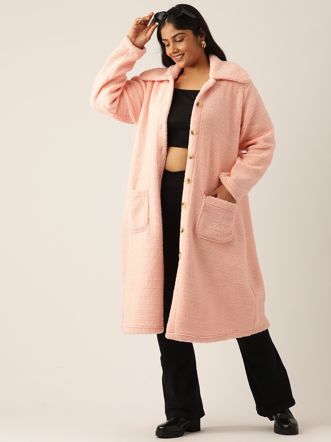 Women's Plus Size Camel Brown Solid Color Teddy Winter Longline Jacket