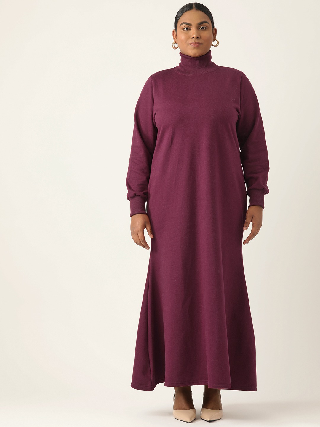 Women's Plus Size Solid Burgundy Color Fleece Winter High Neck Long Sleeves Maxi Dress