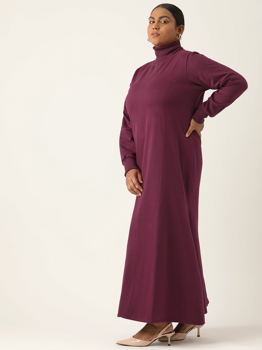 Women's Plus Size Solid Burgundy Color Fleece Winter High Neck Long Sleeves Maxi Dress