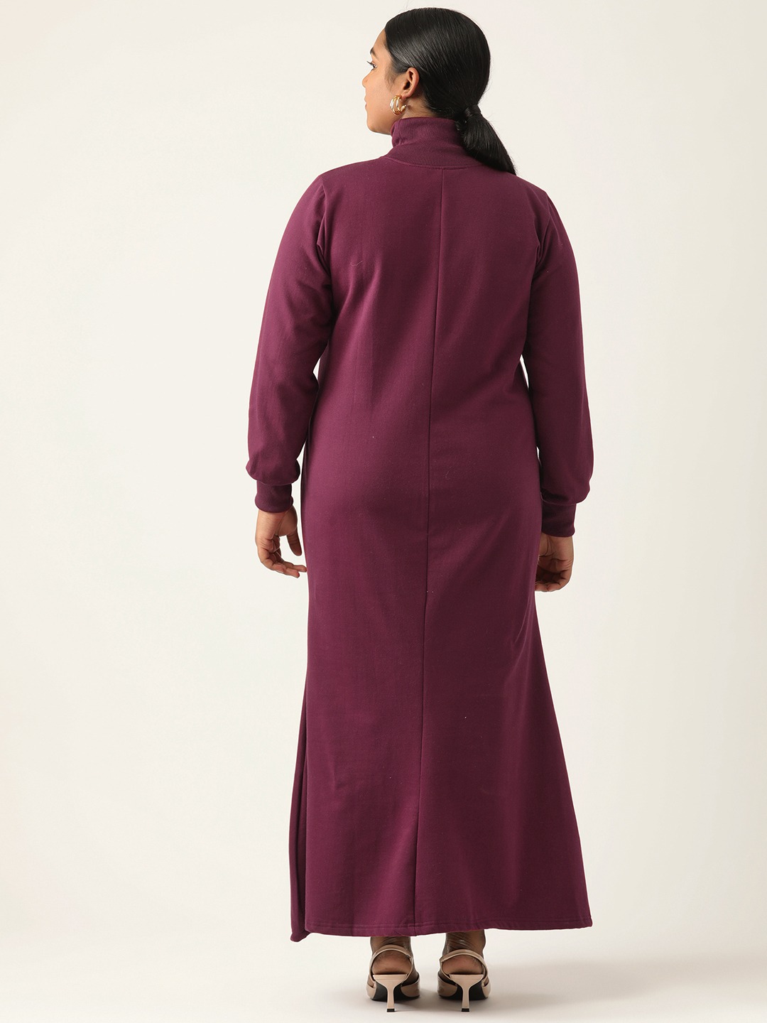 Women's Plus Size Solid Burgundy Color Fleece Winter High Neck Long Sleeves Maxi Dress