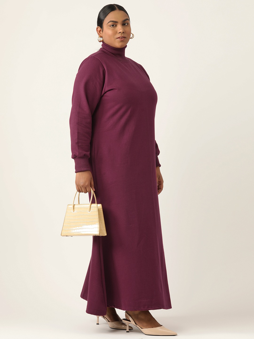 Women's Plus Size Solid Burgundy Color Fleece Winter High Neck Long Sleeves Maxi Dress