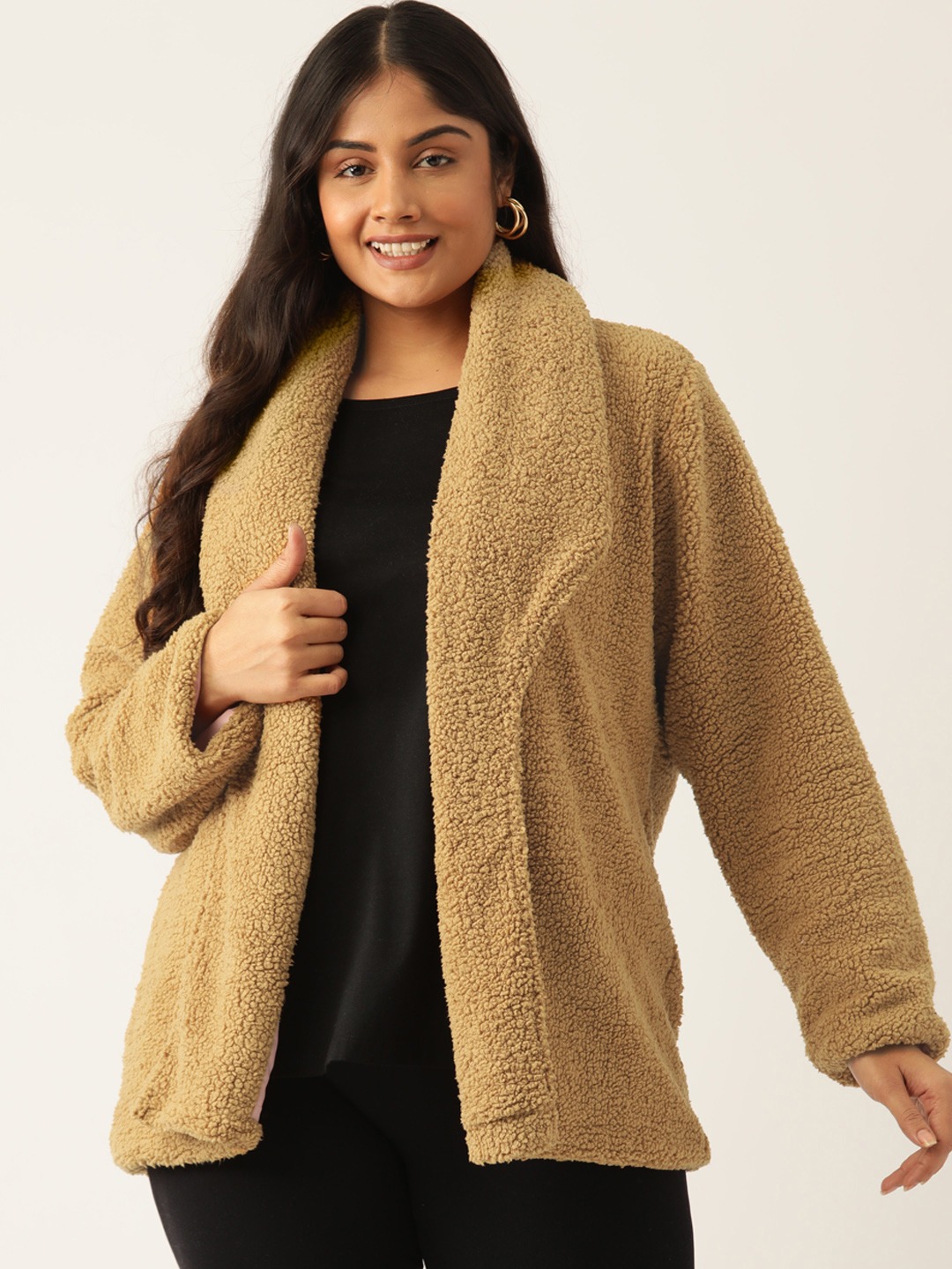 Women's Plus Size Camel Brown Solid Color Teddy Winter Jacket