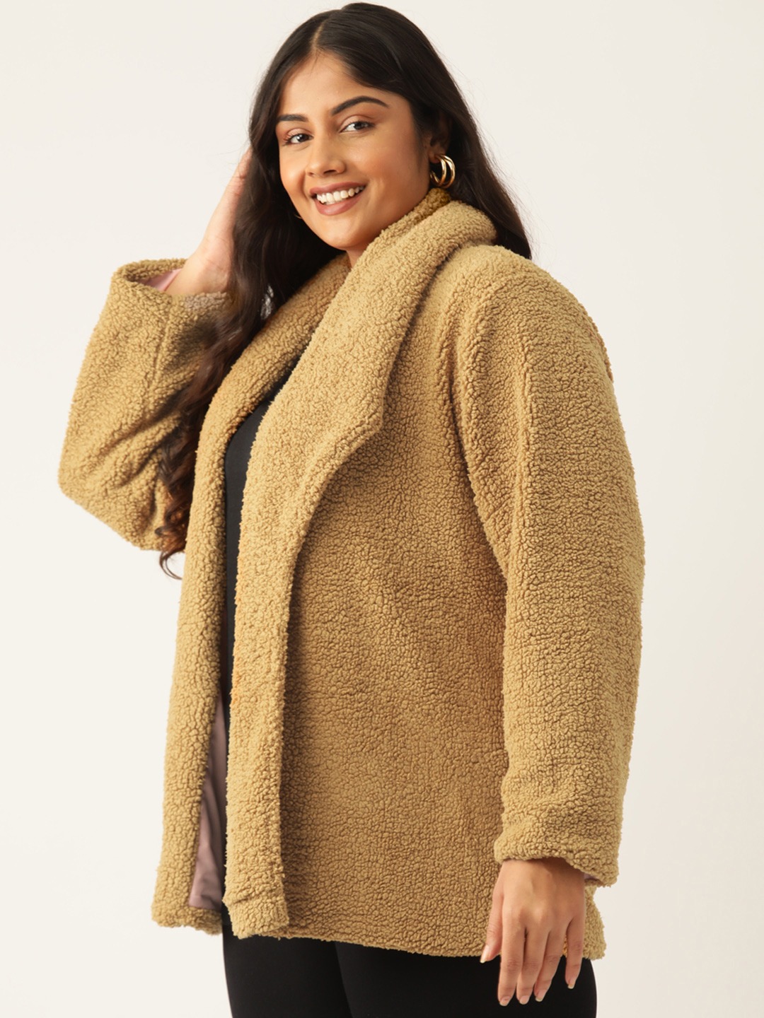 Women's Plus Size Camel Brown Solid Color Teddy Winter Jacket