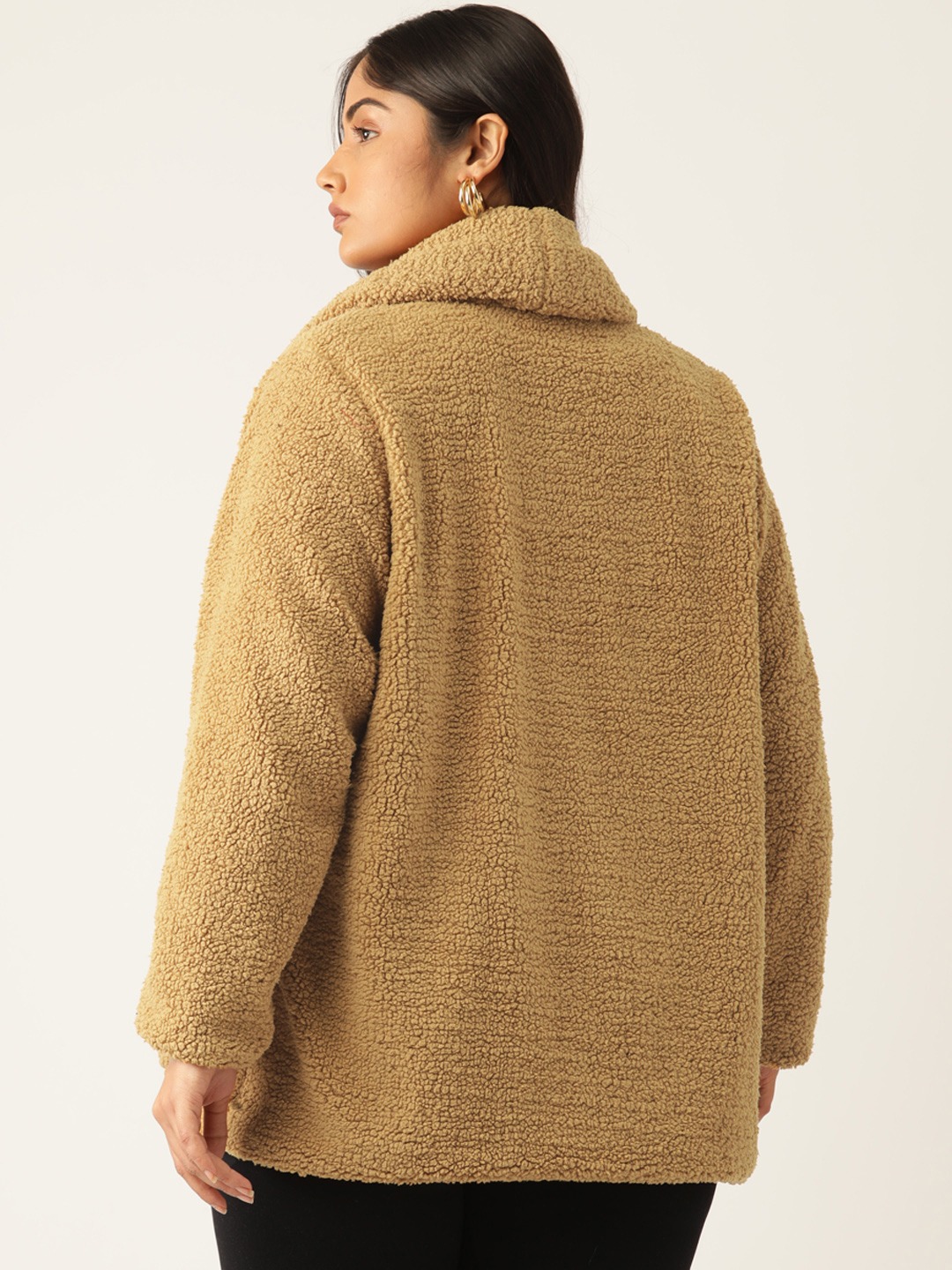 Women's Plus Size Camel Brown Solid Color Teddy Winter Jacket