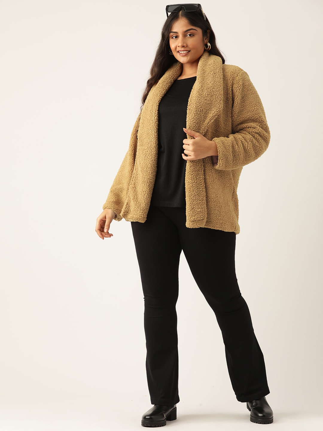 Women's Plus Size Camel Brown Solid Color Teddy Winter Jacket