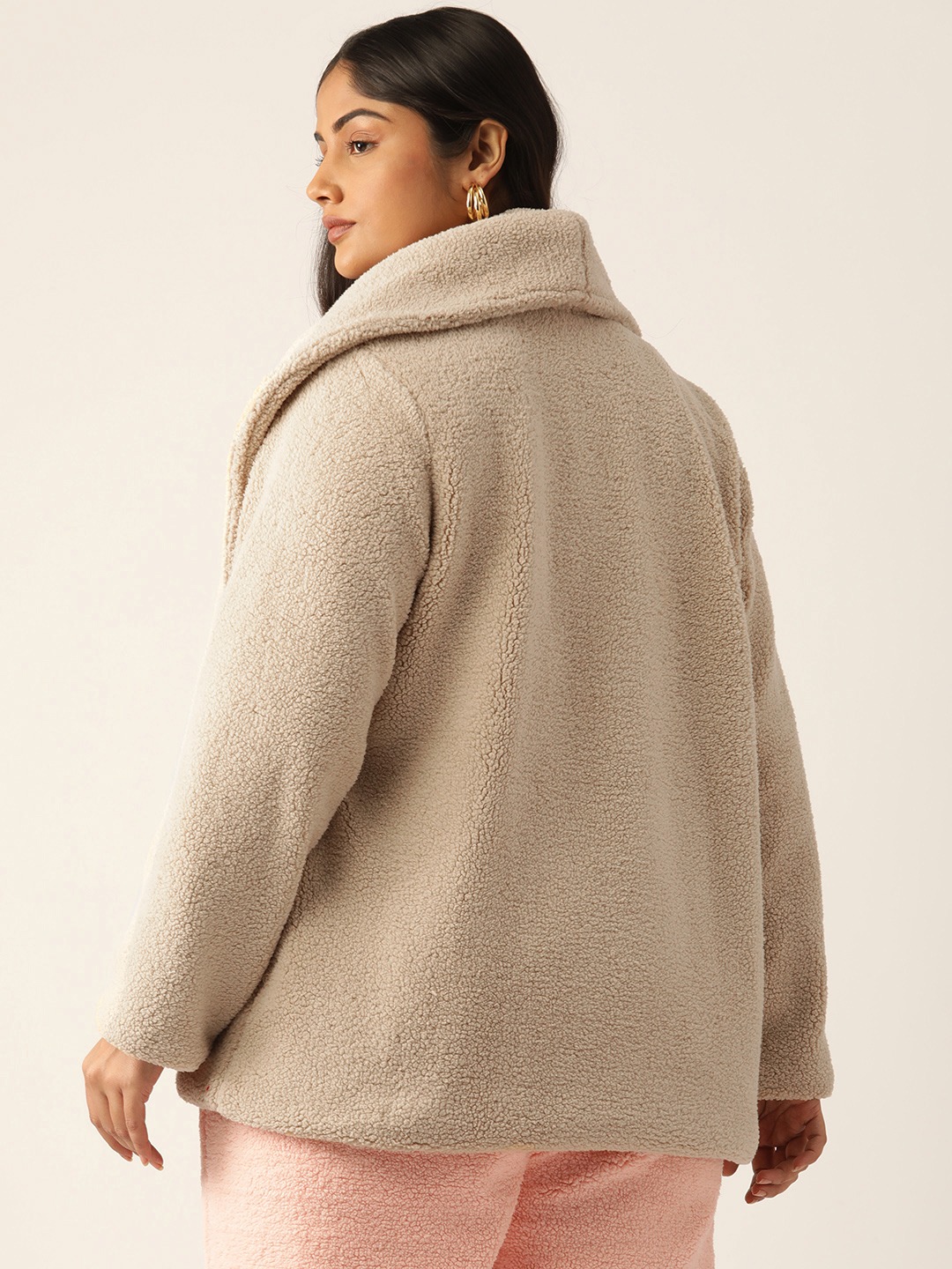 Women's Plus Size Off White Solid Color Teddy Winter Jacket