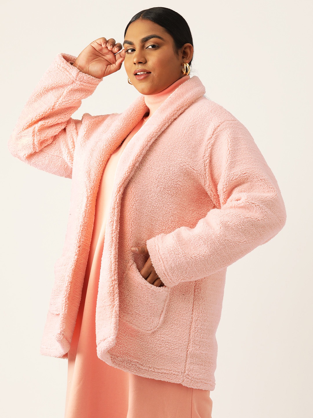 Women's Plus Size Pink Solid Color Teddy Winter Jacket