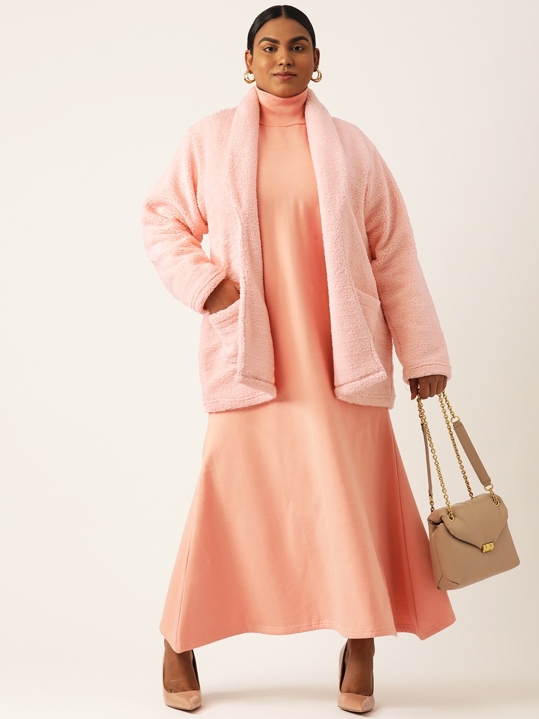 Women's Plus Size Pink Solid Color Teddy Winter Jacket