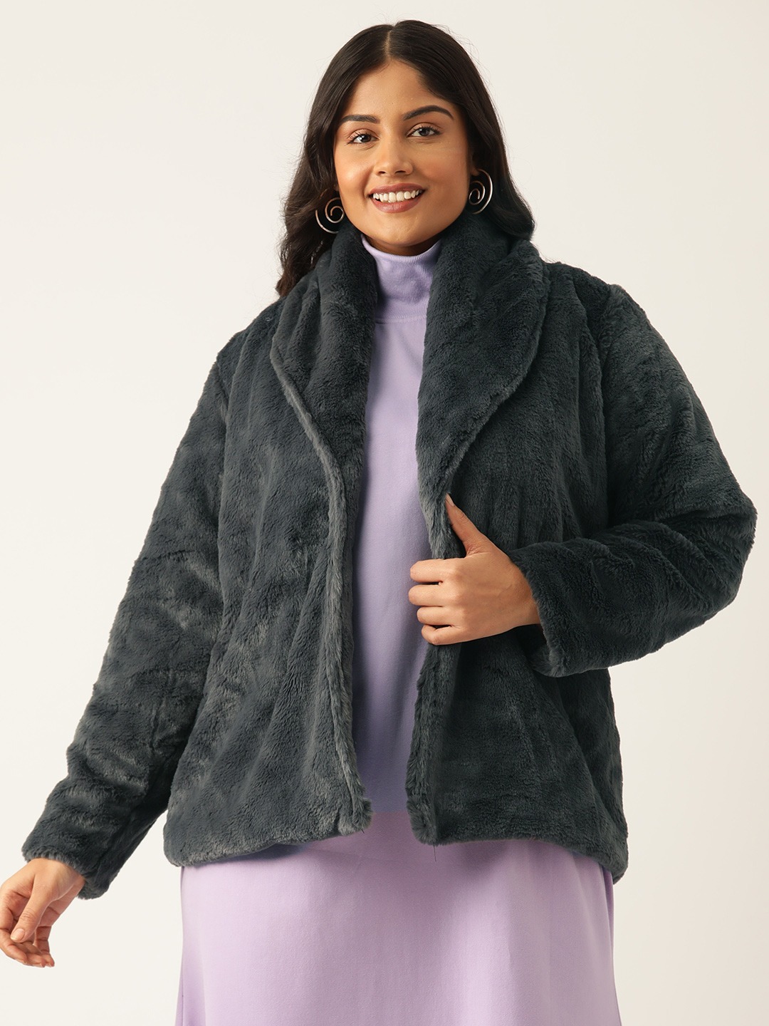 Women's Plus Size Charcoal Grey Color Faux Fur Open front jacket