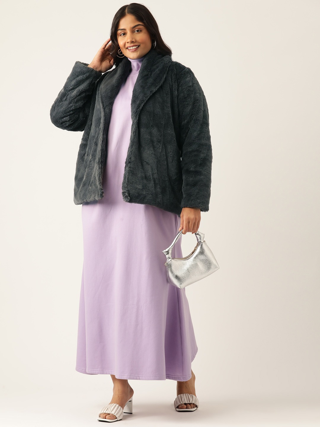 Women's Plus Size Charcoal Grey Color Faux Fur Open front jacket