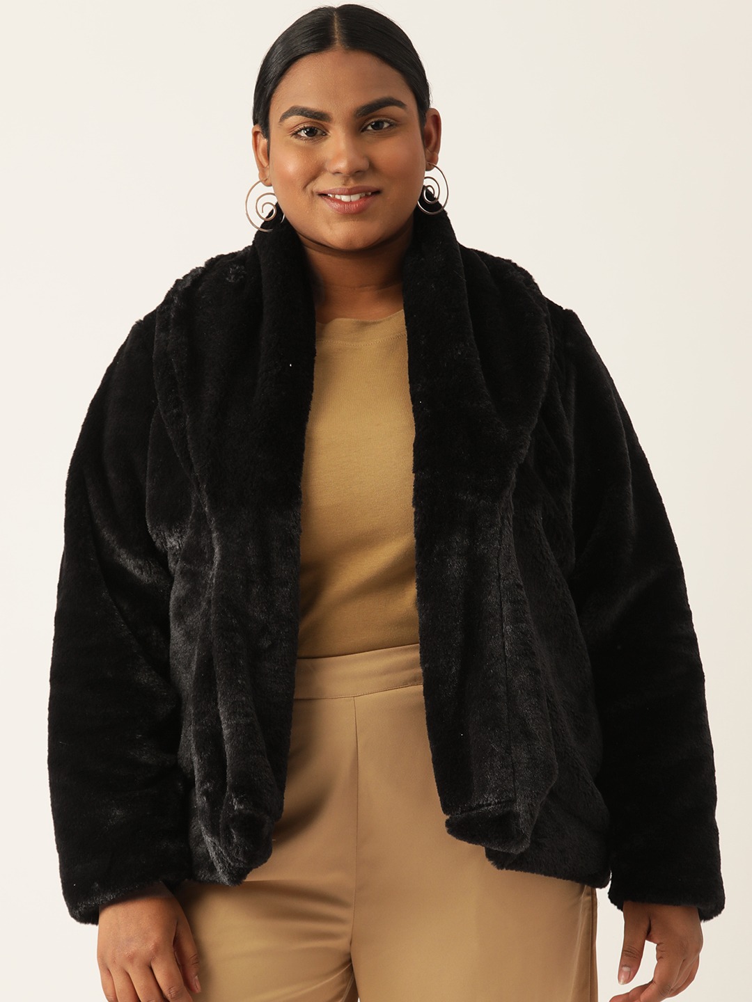 Women's Plus Size Black Color Faux Fur Open front jacket