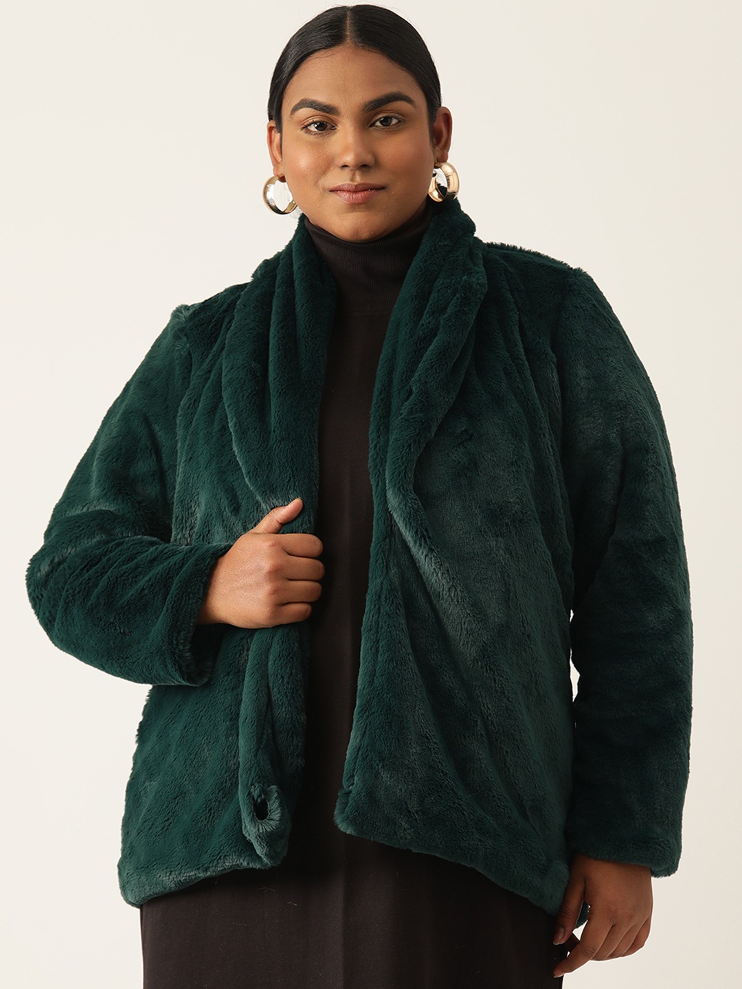 Women's Plus Size Bright Green Color Faux Fur Open front jacket