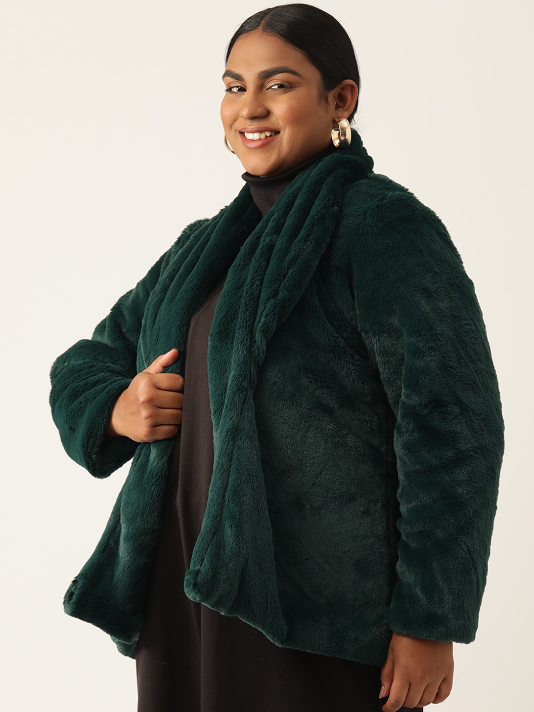 Women's Plus Size Bright Green Color Faux Fur Open front jacket