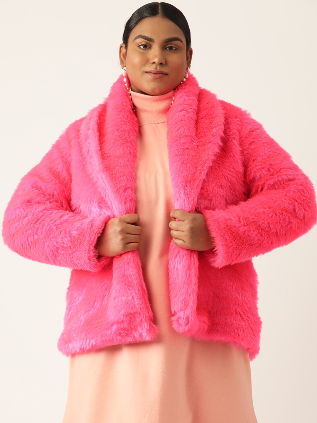 Women's Plus Size Dark Pink Color Faux Fur Open front jacket