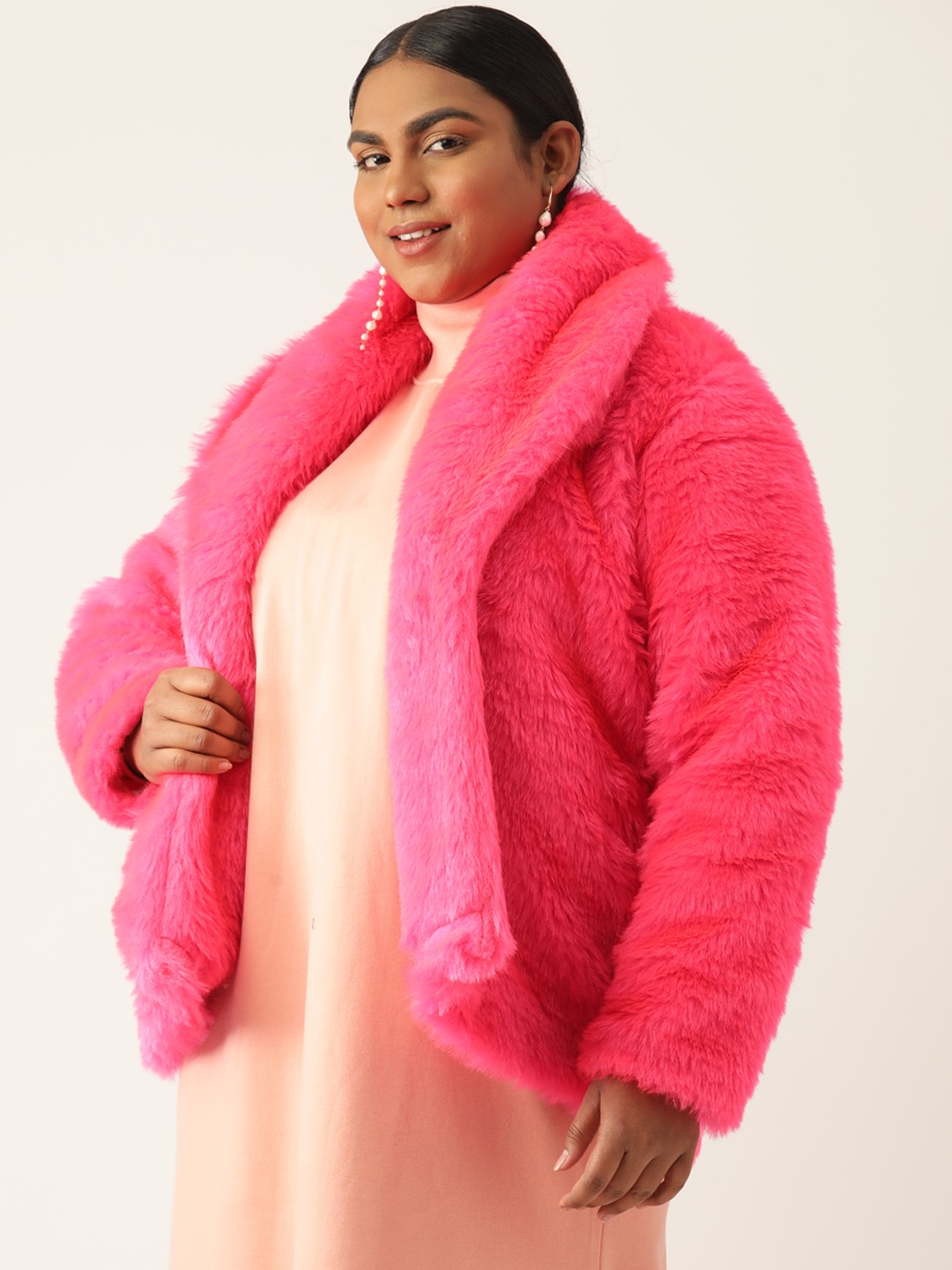 Women's Plus Size Dark Pink Color Faux Fur Open front jacket