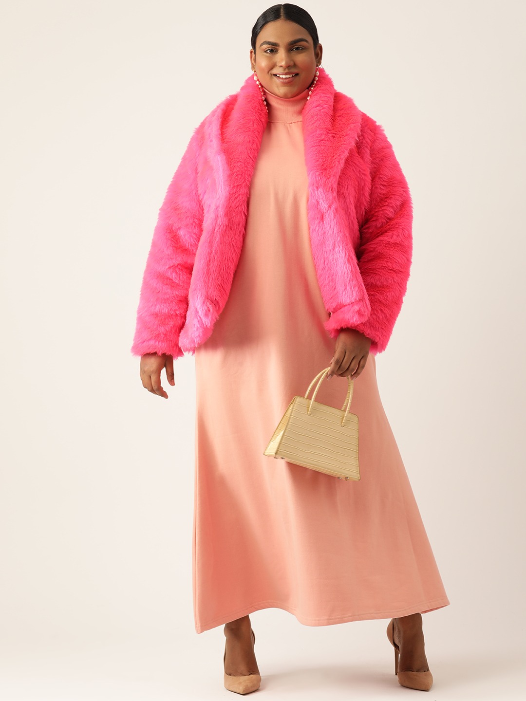Women's Plus Size Dark Pink Color Faux Fur Open front jacket