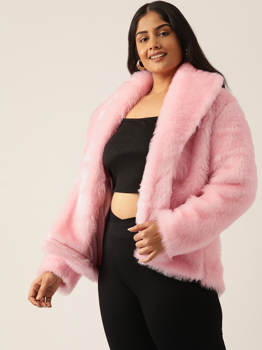 Women's Plus Size Pink Color Faux Fur Open front jacket