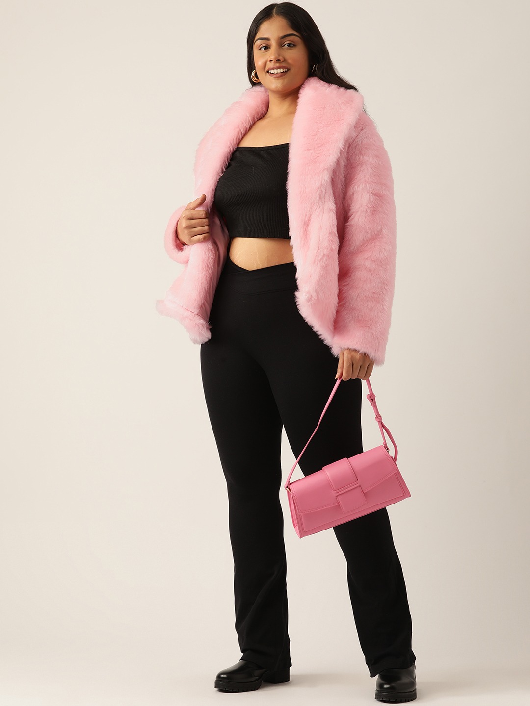 Women's Plus Size Pink Color Faux Fur Open front jacket