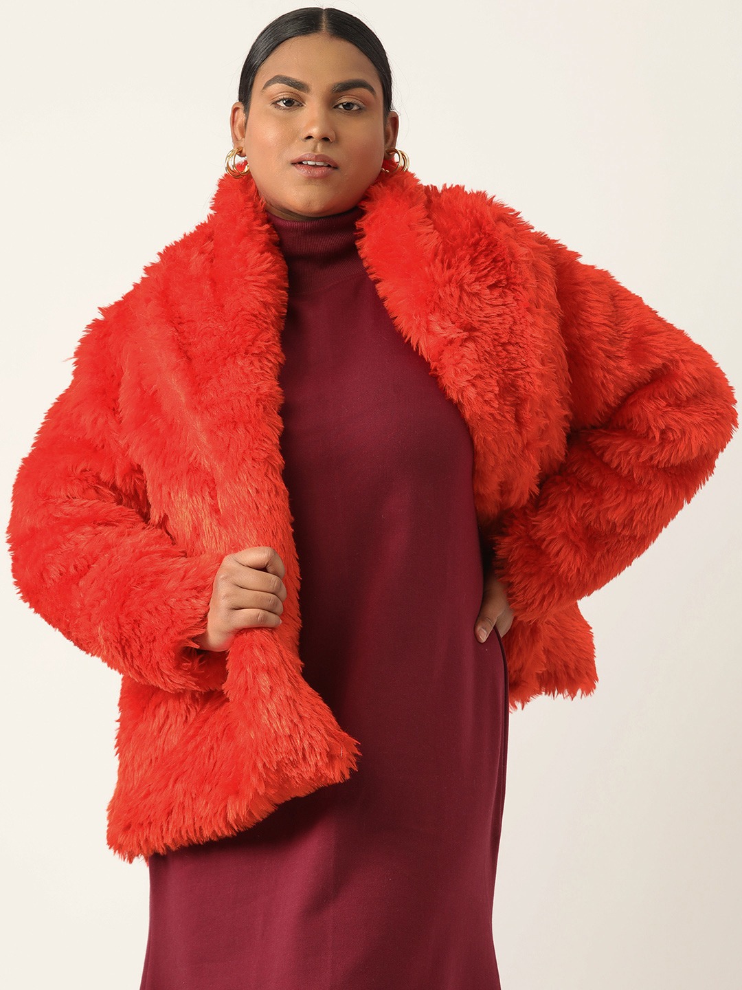 Women's Plus Size Red Color Faux Fur Open front jacket