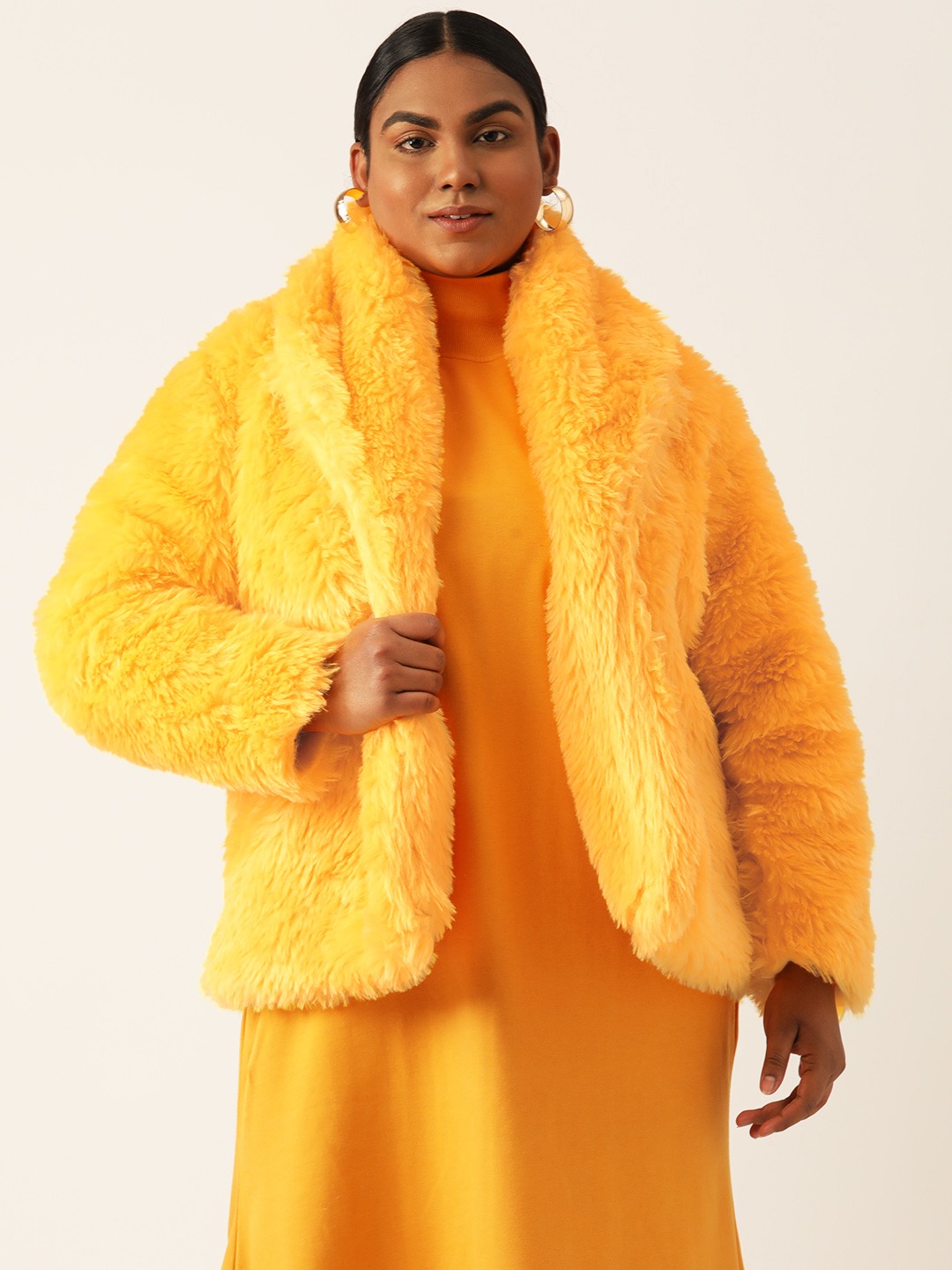 Women's Plus Size Yellow Color Faux Fur Open front jacket