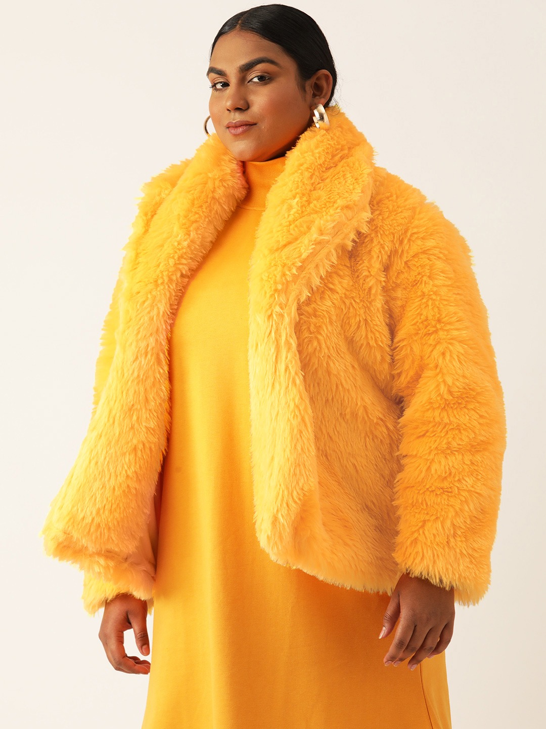 Women's Plus Size Yellow Color Faux Fur Open front jacket