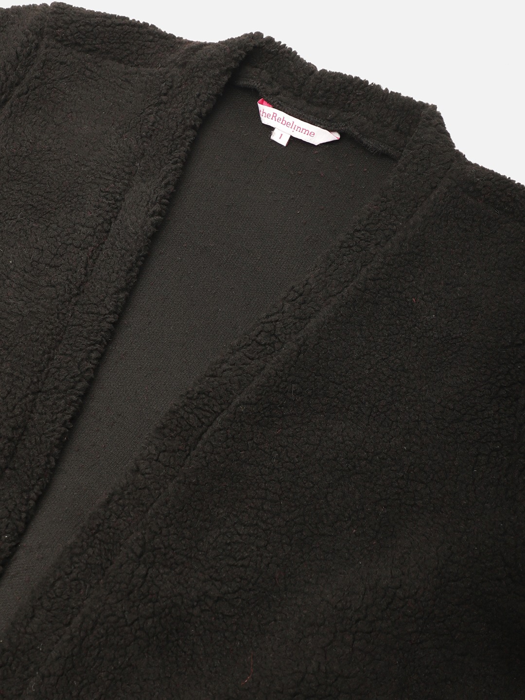 Women's Plus Size Black Solid Color Teddy Longline Jacket
