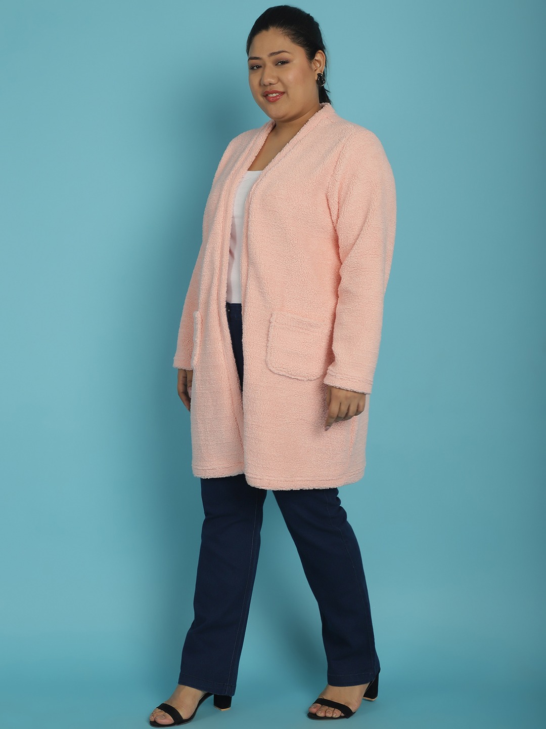 Women's Plus Size Pink Solid Color Teddy Longline Jacket