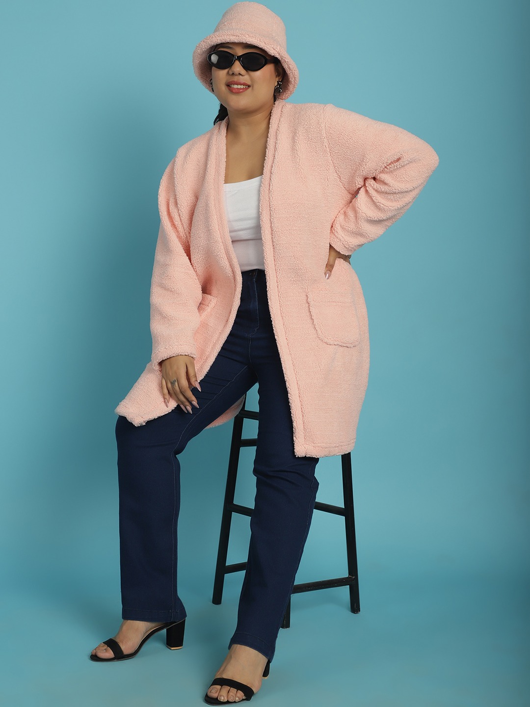 Women's Plus Size Pink Solid Color Teddy Longline Jacket