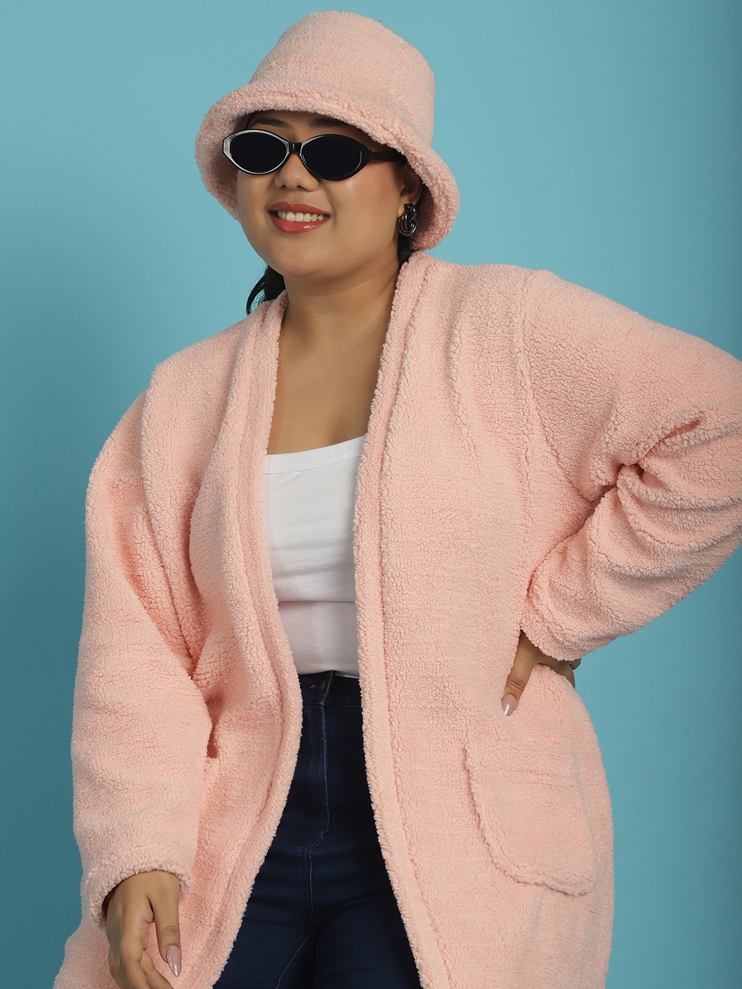 Women's Plus Size Pink Solid Color Teddy Longline Jacket