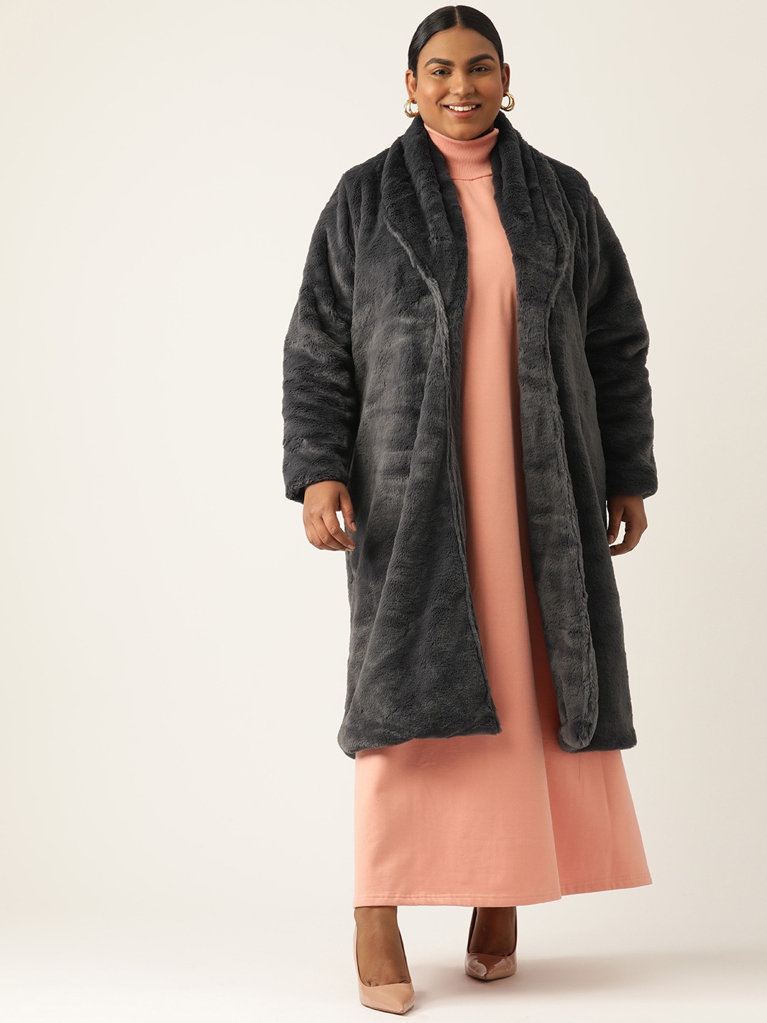 Women's Plus Size Charcoal Grey Color Faux Fur Open front Longline jacket