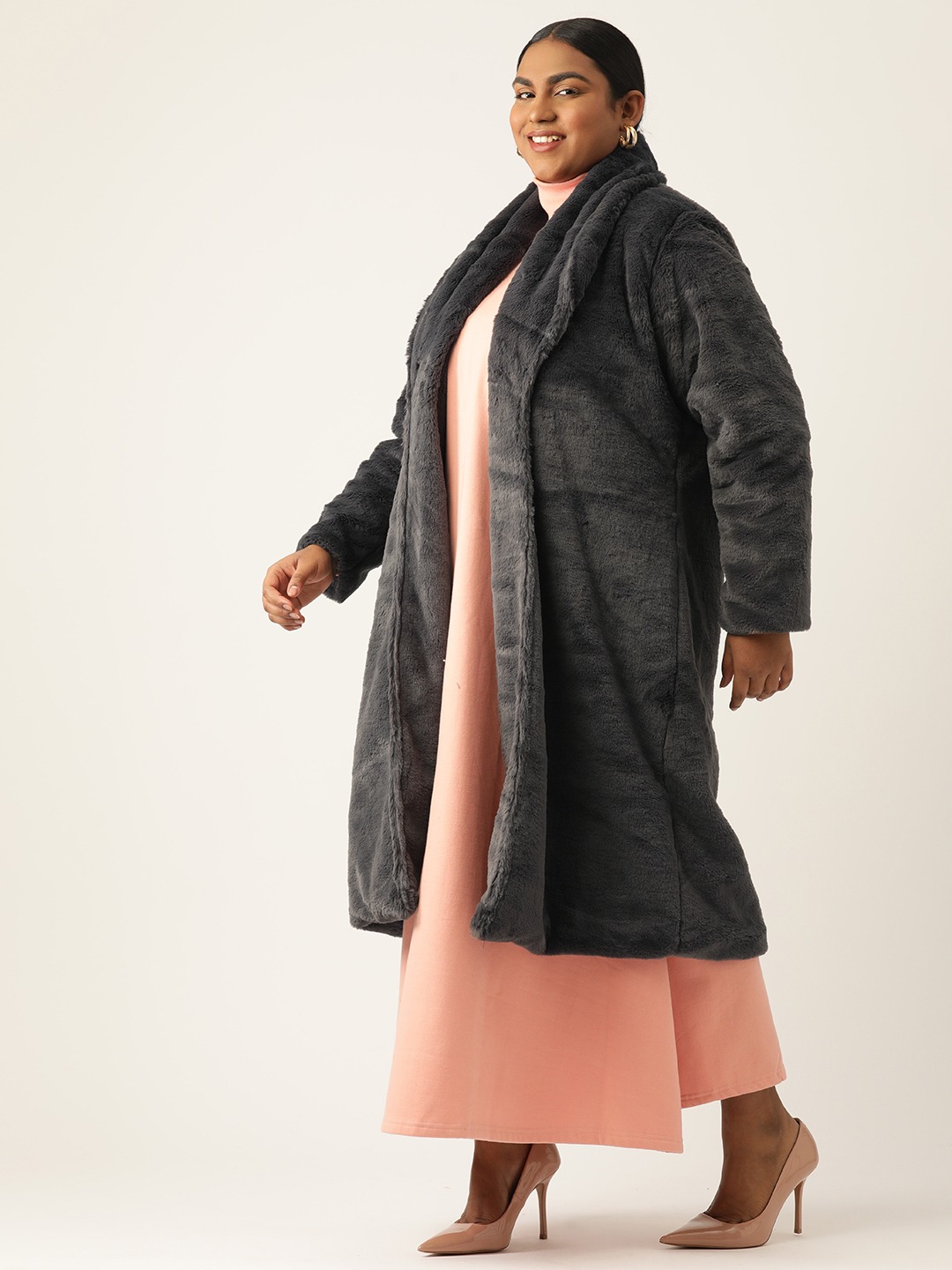 Women's Plus Size Charcoal Grey Color Faux Fur Open front Longline jacket