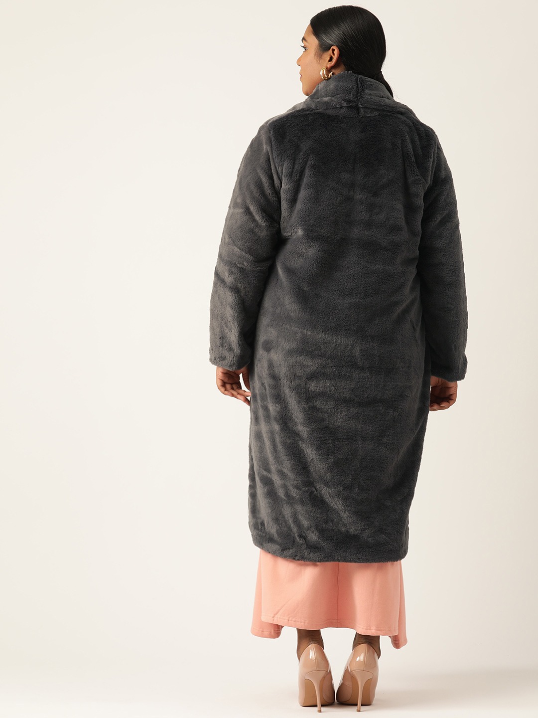 Women's Plus Size Charcoal Grey Color Faux Fur Open front Longline jacket