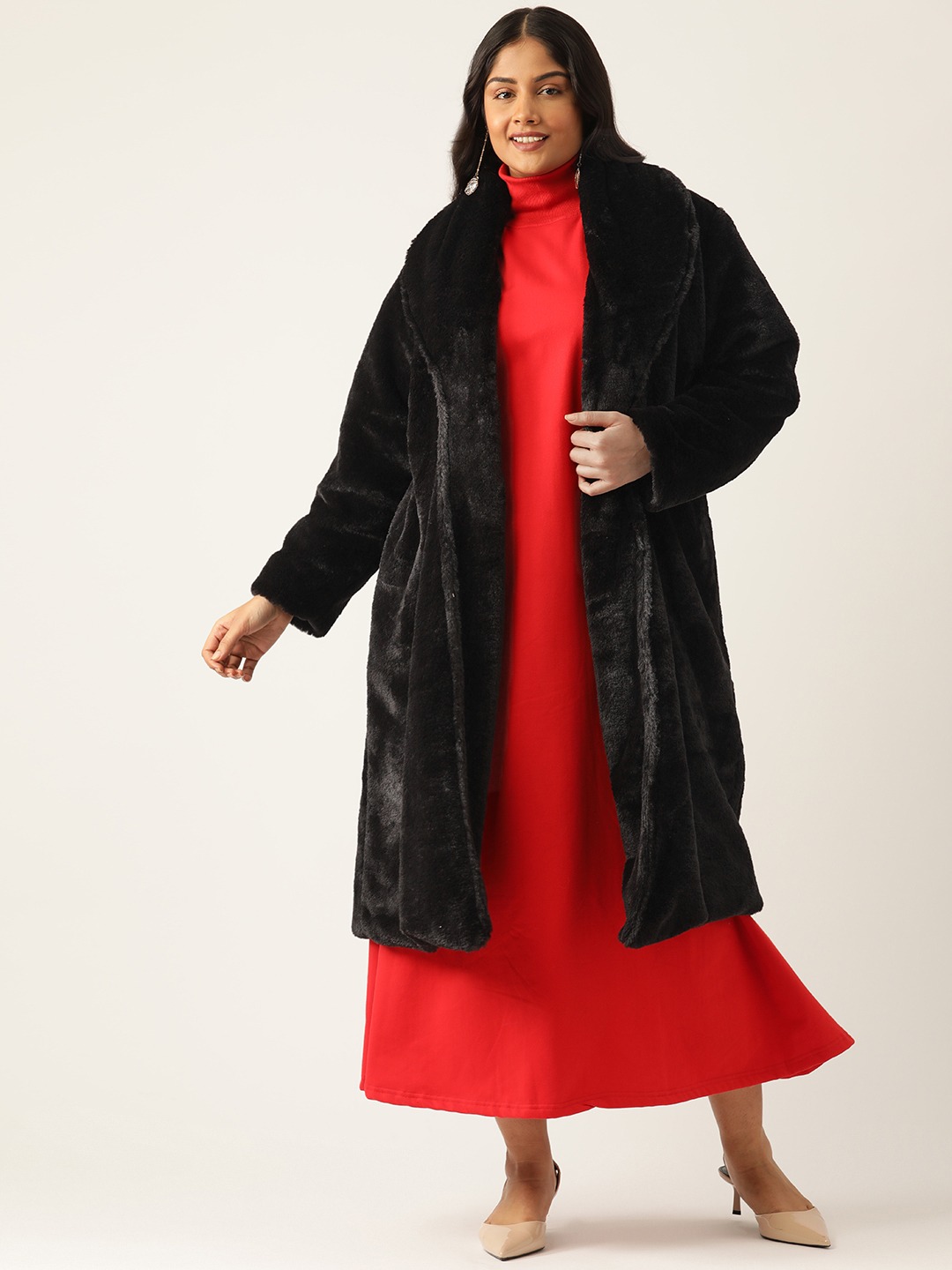 Women's Plus Size Black Color Faux Fur Open front Longline jacket