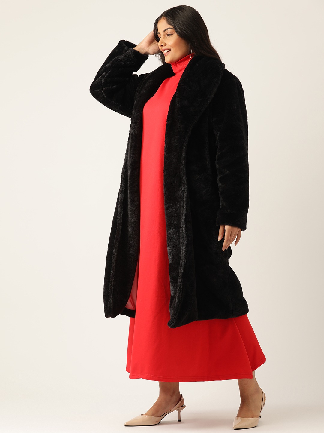 Women's Plus Size Black Color Faux Fur Open front Longline jacket