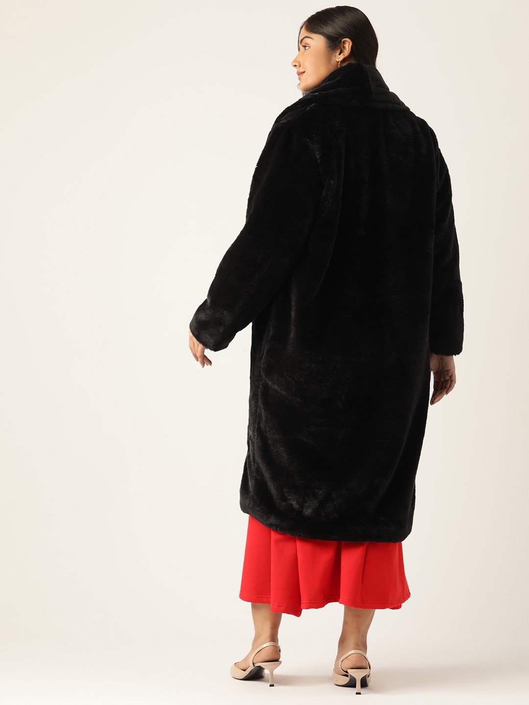 Women's Plus Size Black Color Faux Fur Open front Longline jacket