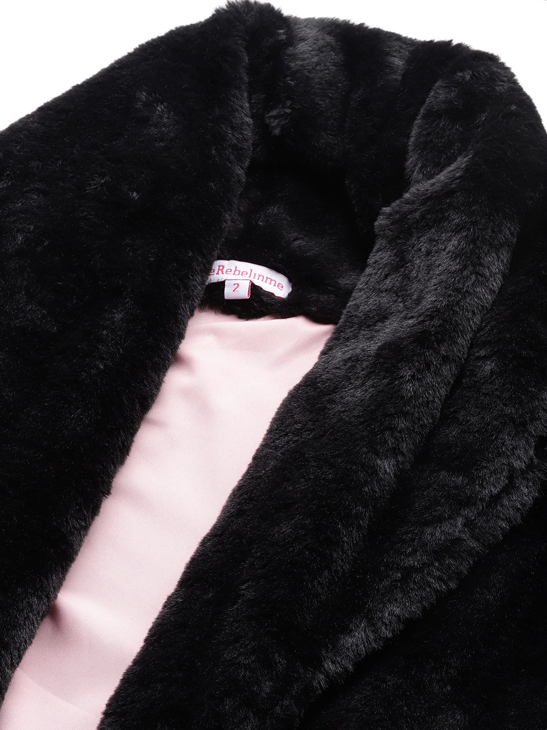 Women's Plus Size Black Color Faux Fur Open front Longline jacket