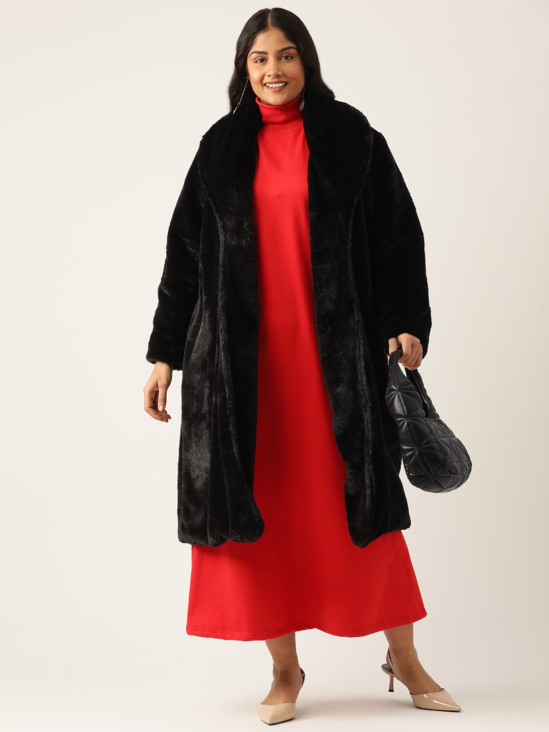 Women's Plus Size Black Color Faux Fur Open front Longline jacket