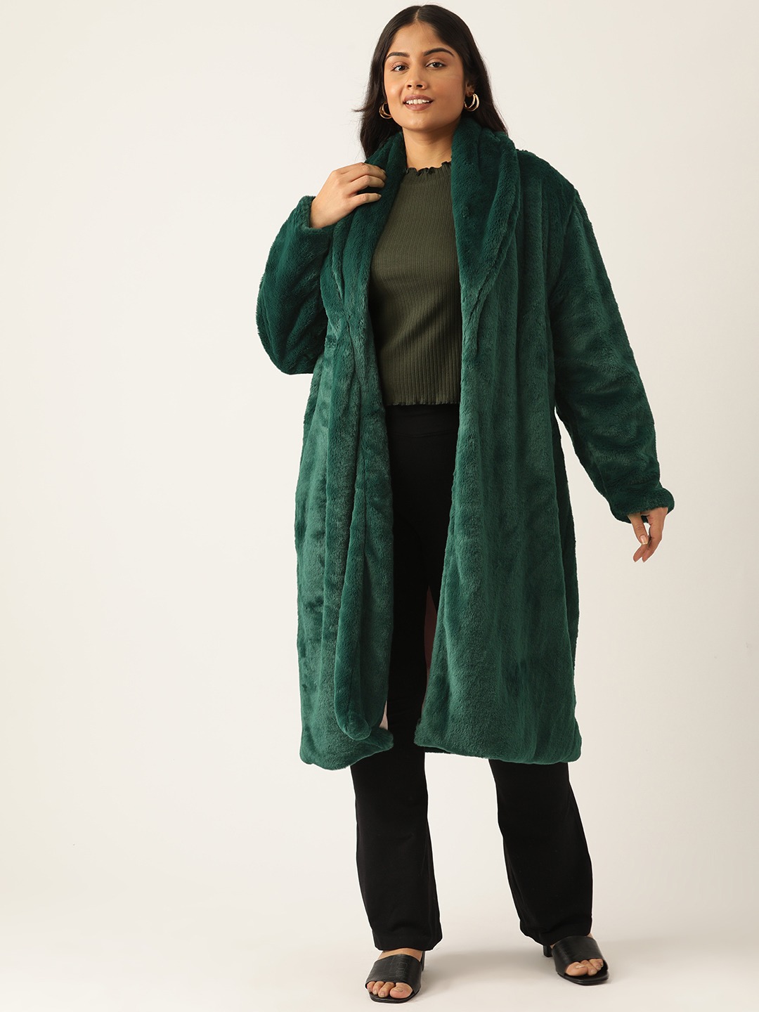 Women's Plus Size BTGreen Color Faux Fur Open front Longline jacket