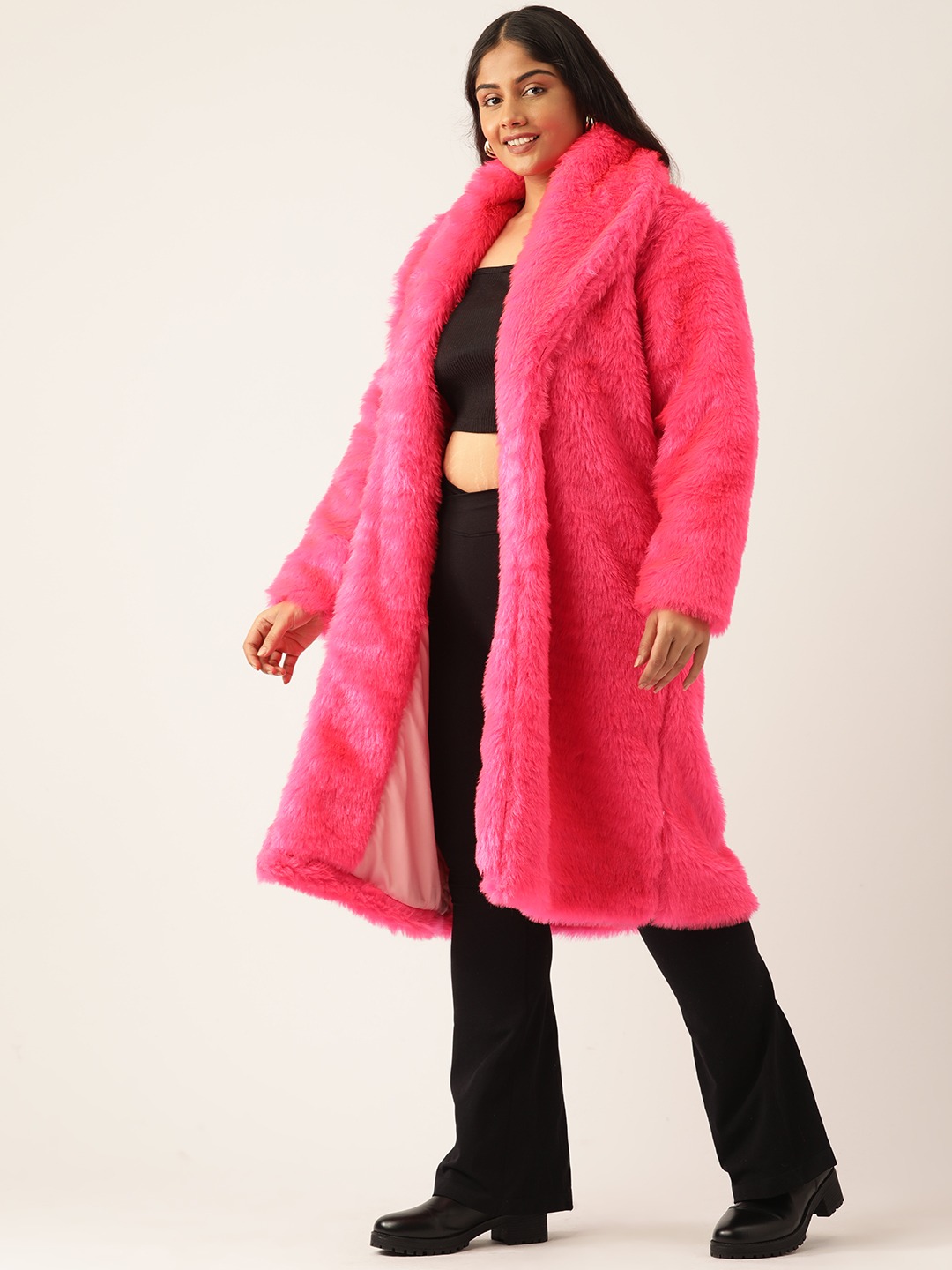 Women's Plus Size Dark Pink Color Faux Fur Open front Longline jacket
