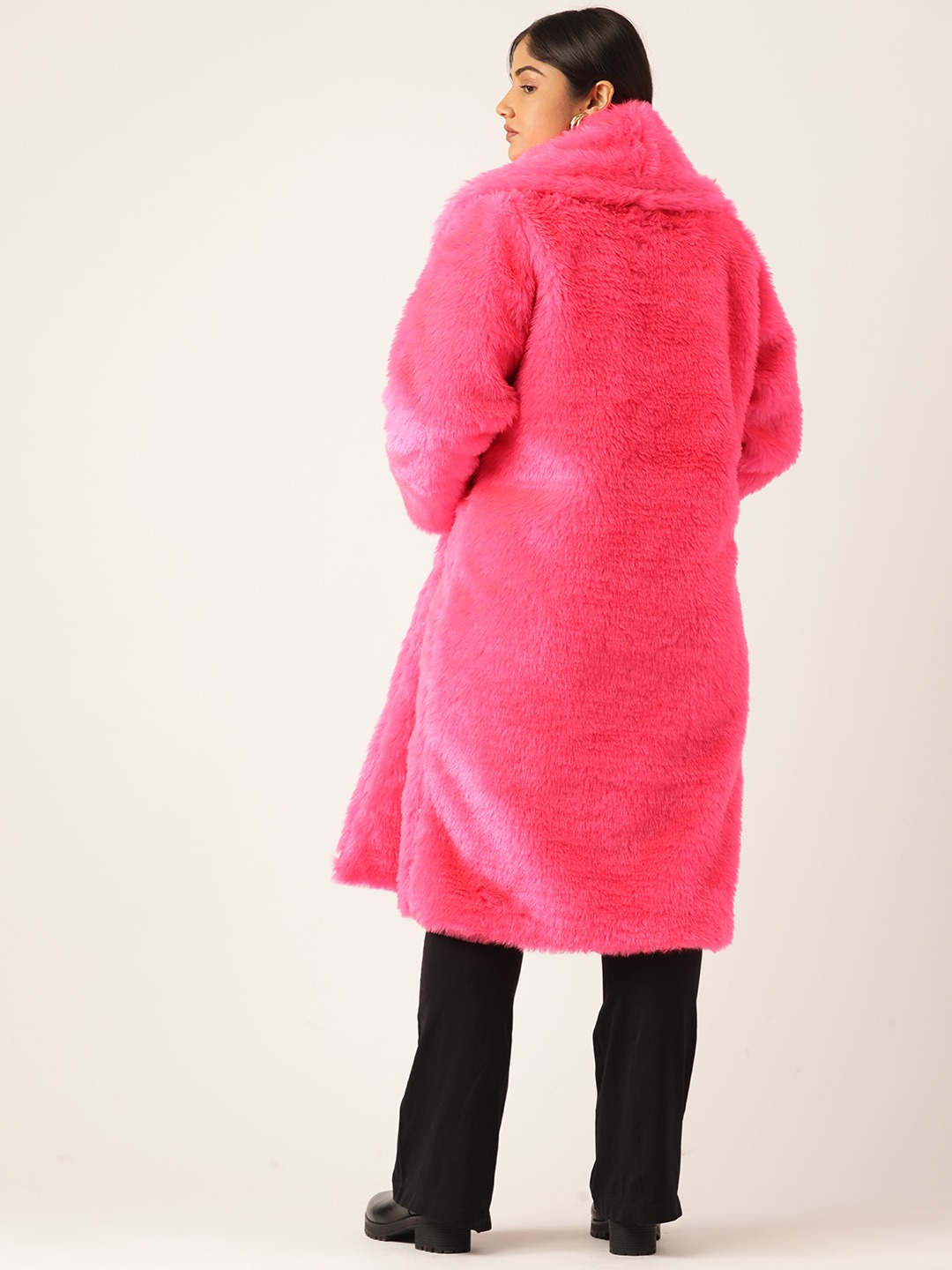 Women's Plus Size Dark Pink Color Faux Fur Open front Longline jacket