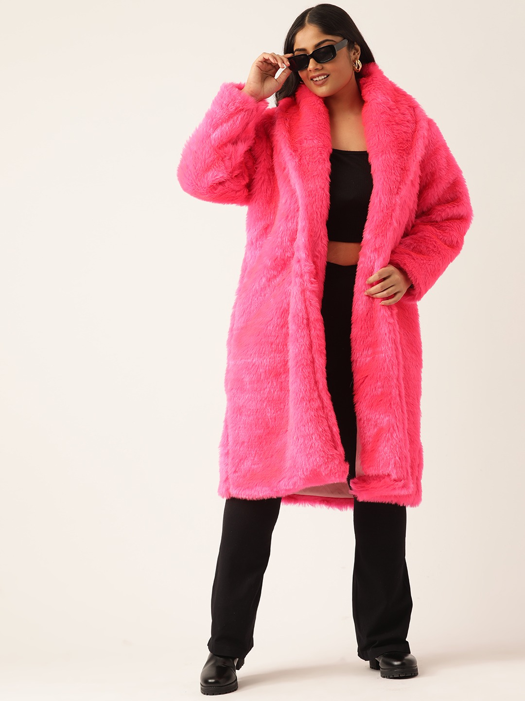 Women's Plus Size Dark Pink Color Faux Fur Open front Longline jacket