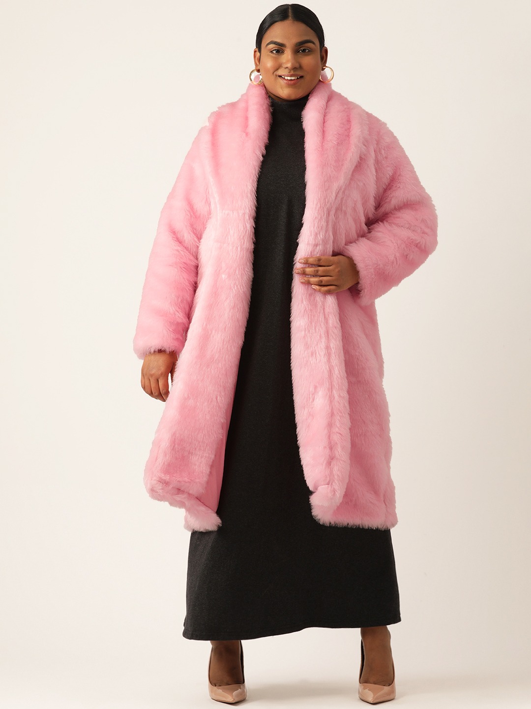 Women's Plus Size Pink Color Faux Fur Open front Longline jacket