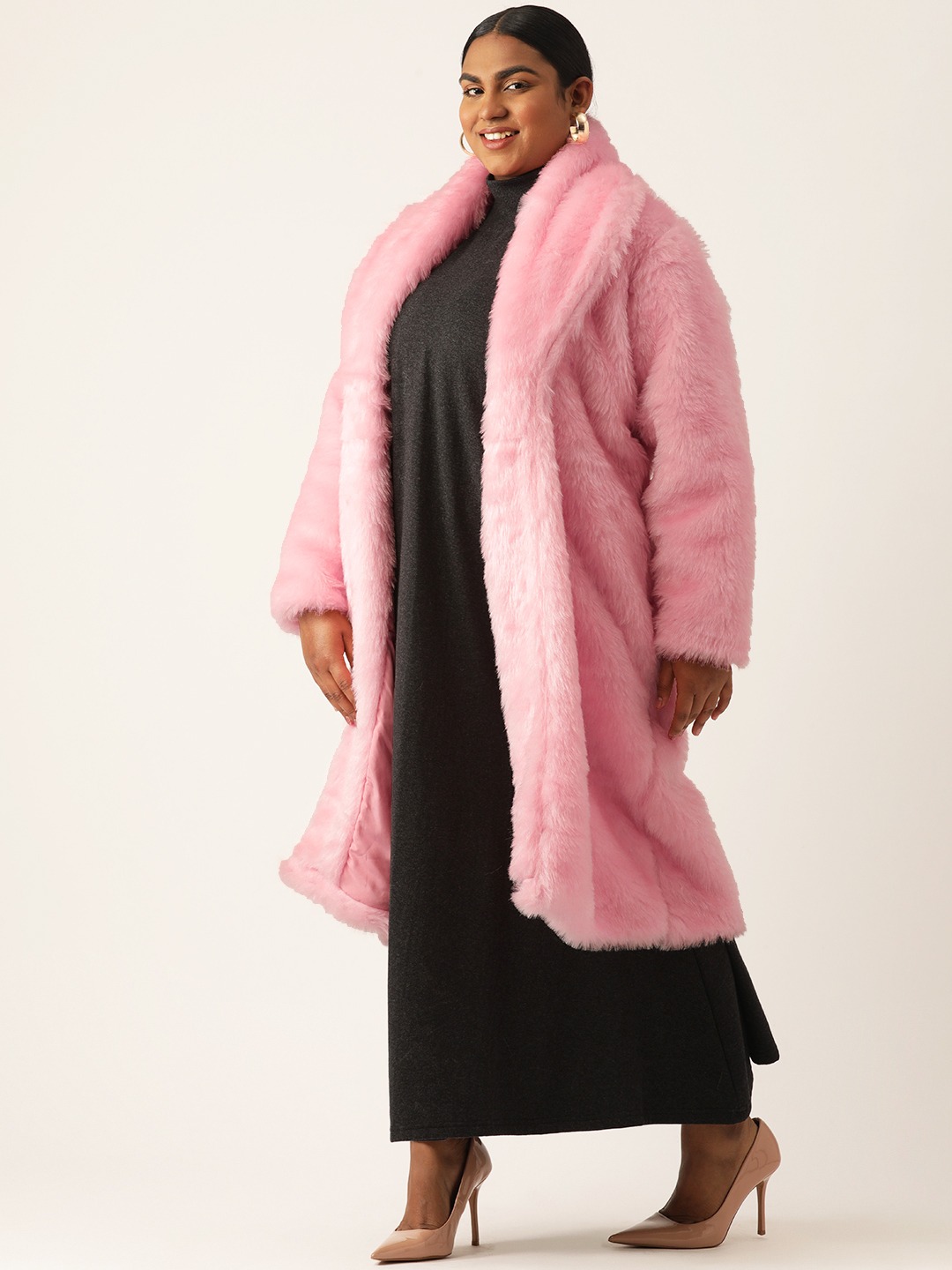 Women's Plus Size Pink Color Faux Fur Open front Longline jacket