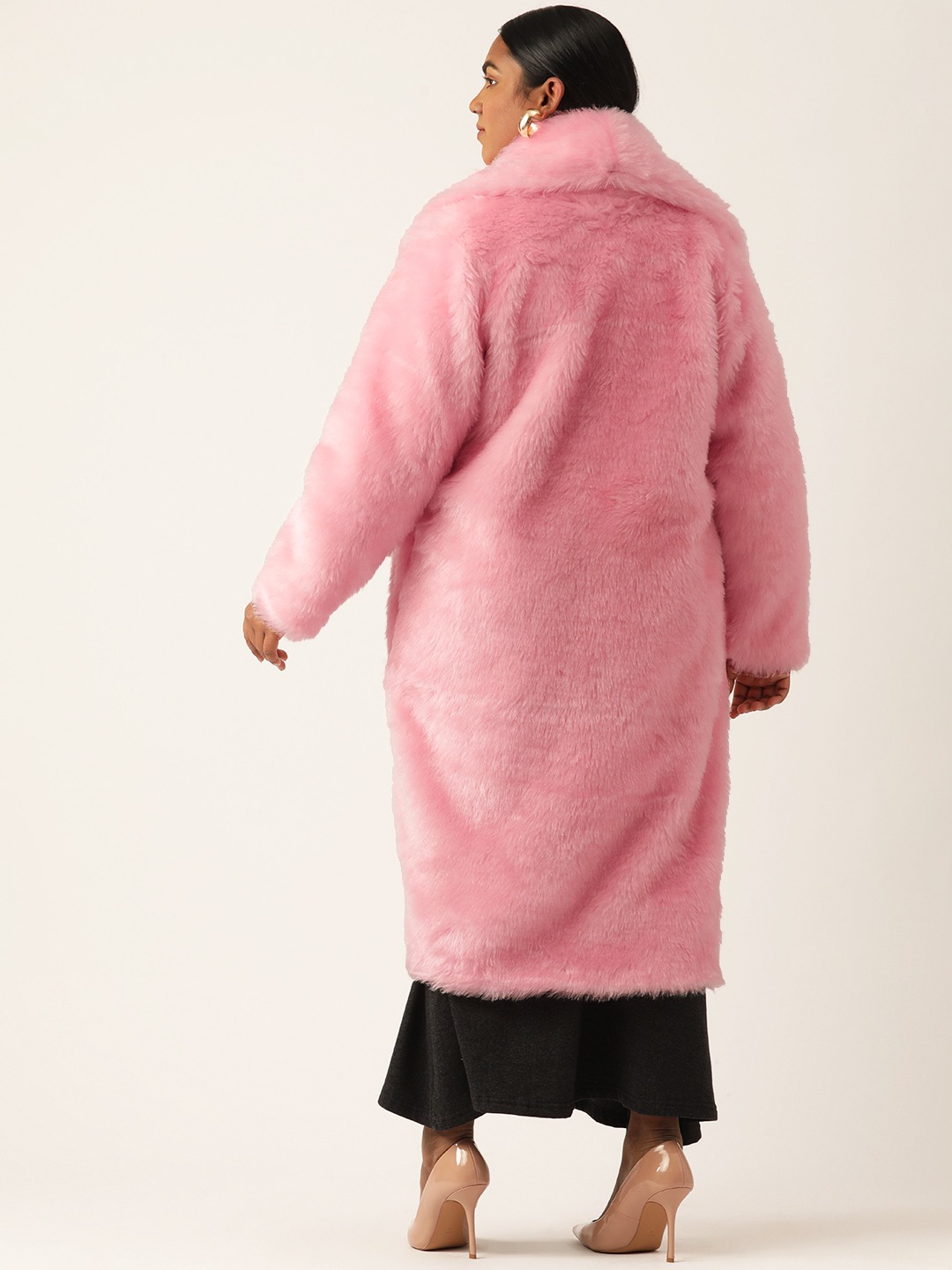 Women's Plus Size Pink Color Faux Fur Open front Longline jacket