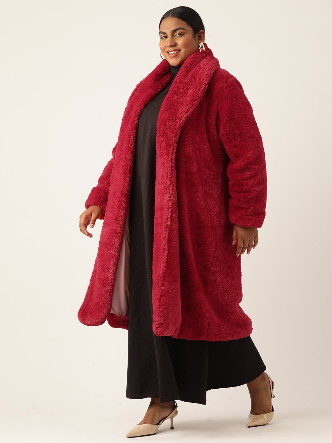 Women's Plus Size Red Color Faux Fur Open front Longline jacket